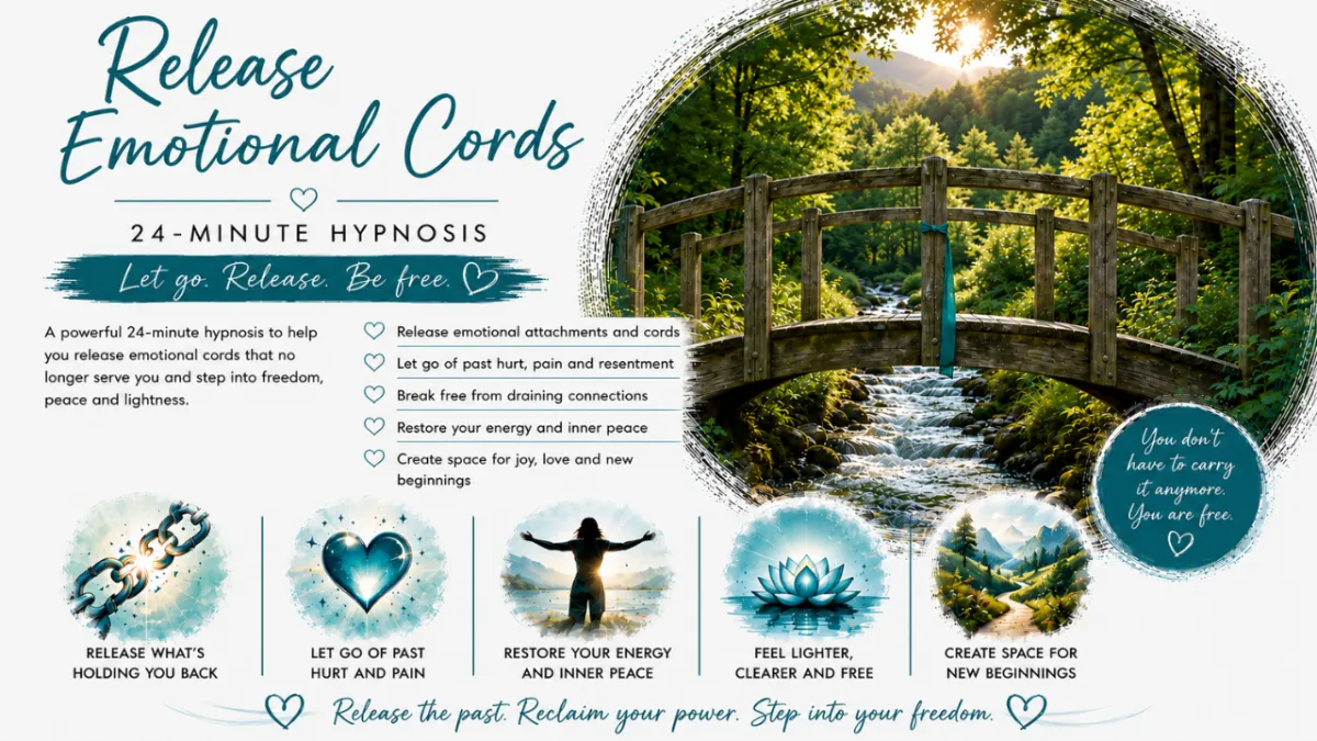 Bridge over a flowing stream with an emotional cord being cut and released, symbolising letting go of the past and moving forward after a relationship.