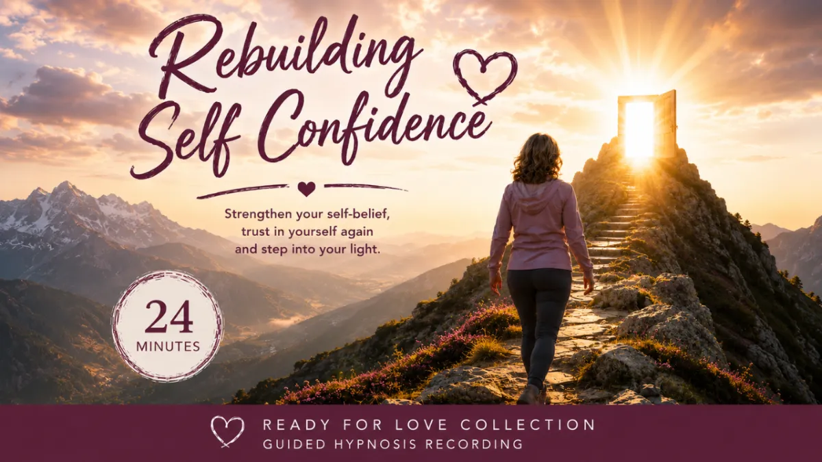 Woman walking up a mountain path towards a glowing doorway of light, symbolising rebuilding self-confidence, inner strength and stepping into a brighter future.