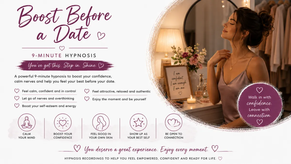 Woman getting ready for a date and looking confident in the mirror, symbolising calm confidence, self-belief and feeling prepared before meeting someone new.