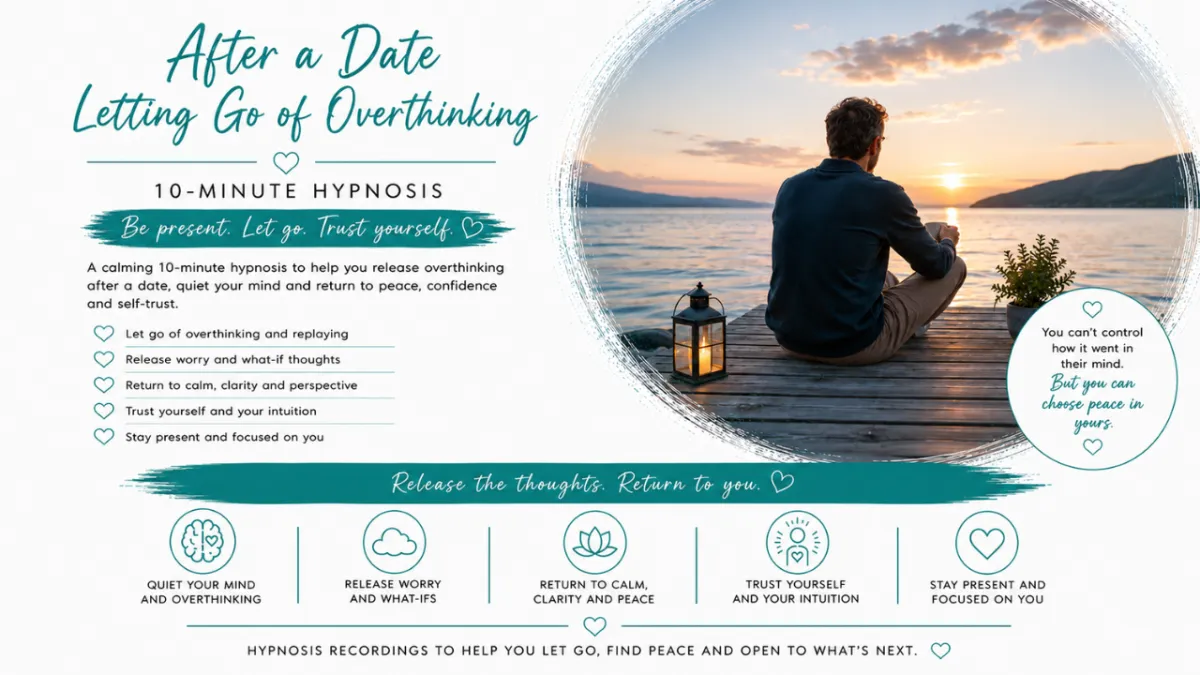 Man sitting peacefully by a lake at sunset, reflecting calmly after a date and letting go of overthinking, worry and uncertainty.