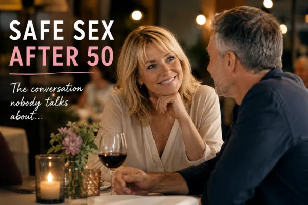 Man and woman over 50 enjoying a dinner date in a restaurant, illustrating a blog about safe sex after 50 and the conversations many singles avoid.