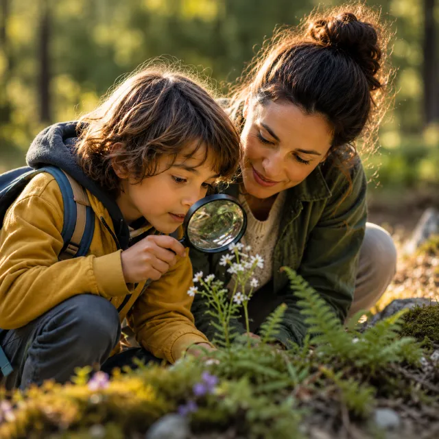 Parent watching a child explore nature with a magnifying glass, representing curiosity, understanding and seeing the world through a child's eyes