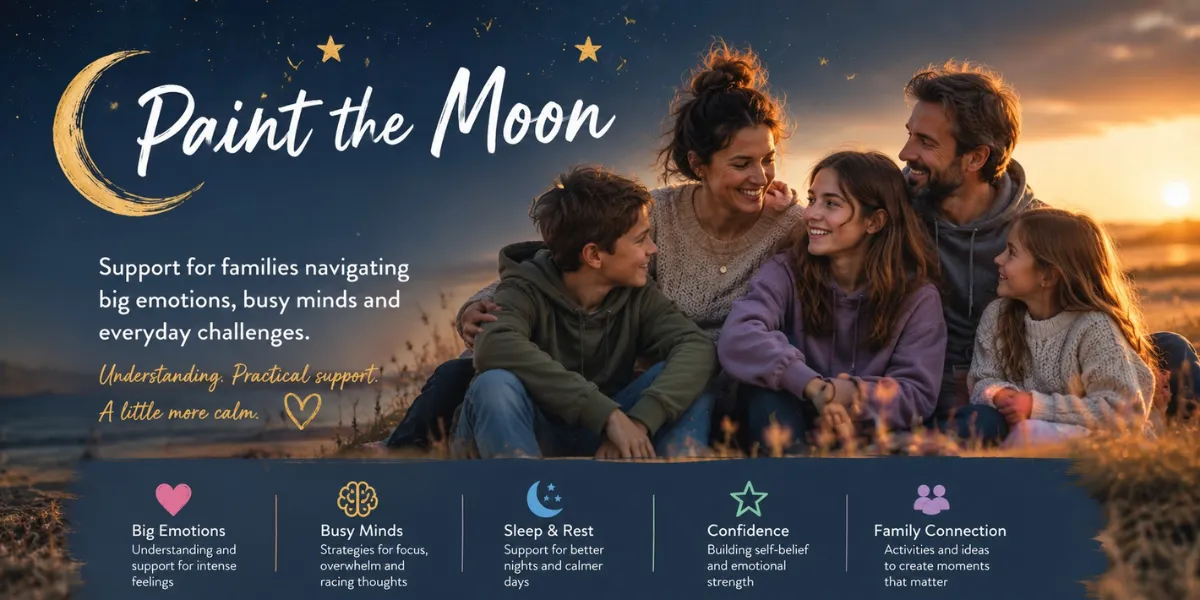 Family with parents, teenager and young child sitting together outdoors at sunset, representing support, connection and understanding for families navigating big emotions and busy minds