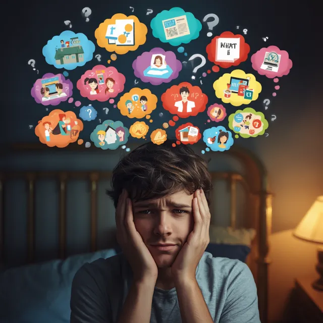 Teenage boy sitting on the edge of a bed holding his head, surrounded by thought bubbles representing worries, overthinking and feeling overwhelmed by too many thoughts.