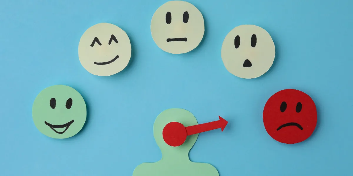 Emotion meter showing a range of faces from happy to sad, representing emotional awareness and helping children and teenagers identify and understand their feelings.