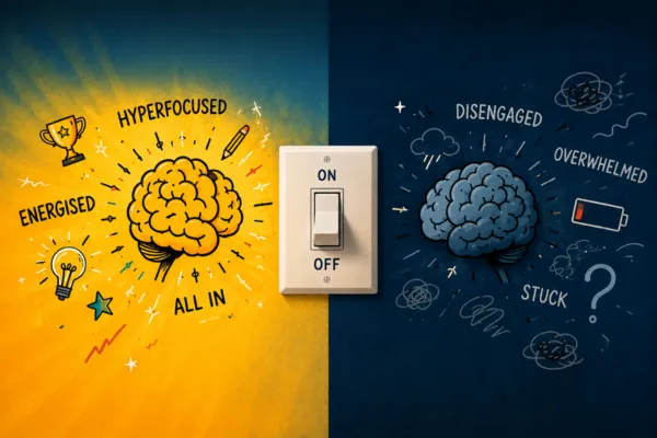 Illustration of an all-or-nothing brain with a light switch between hyperfocused, energised thinking and overwhelmed, disengaged thinking, representing how some teenagers move quickly between different mental states.