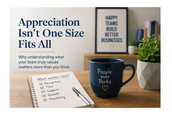 Notebook listing different ways employees feel appreciated beside a coffee mug on an office desk, illustrating that recognition is personal and not one-size-fits-all.