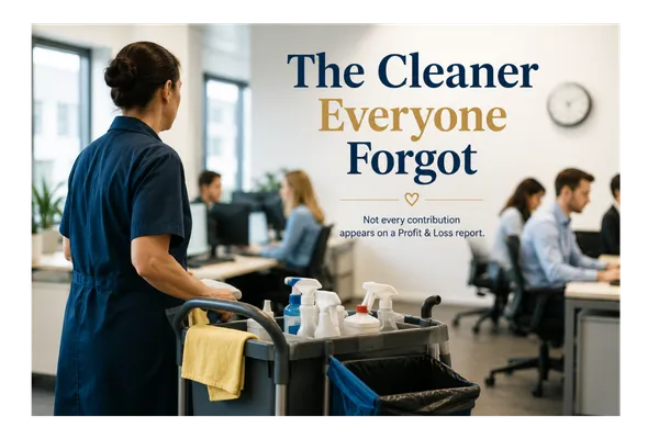 Office cleaner standing beside a cleaning trolley while employees work at their desks, illustrating how the people who quietly support a business are often overlooked despite their valuable contribution.