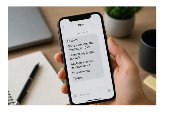 Smartphone displaying a message from a manager apologising for forgetting a scheduled team meeting, illustrating how cancelled commitments can affect trust and employee morale.