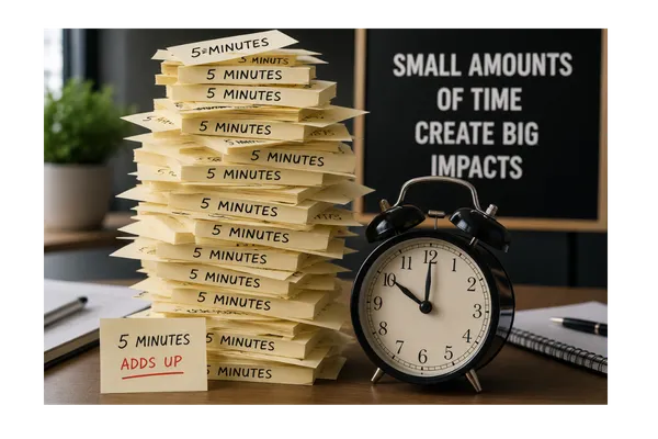 Stack of sticky notes labelled "5 Minutes" beside an alarm clock, illustrating how small amounts of time quickly accumulate and can have a significant impact on business productivity and profitability.