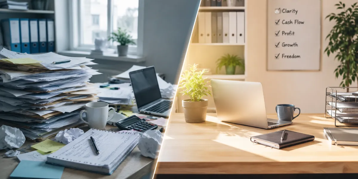 Business support concept showing a messy desk with piles of paperwork alongside a clean, organised workspace, representing improved systems, better bookkeeping and stronger business management.