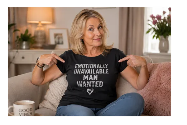 A smiling woman in her 50s points to her T-shirt reading "Emotionally Unavailable Man Wanted", using humour to illustrate the common pattern of dating emotionally unavailable partners.