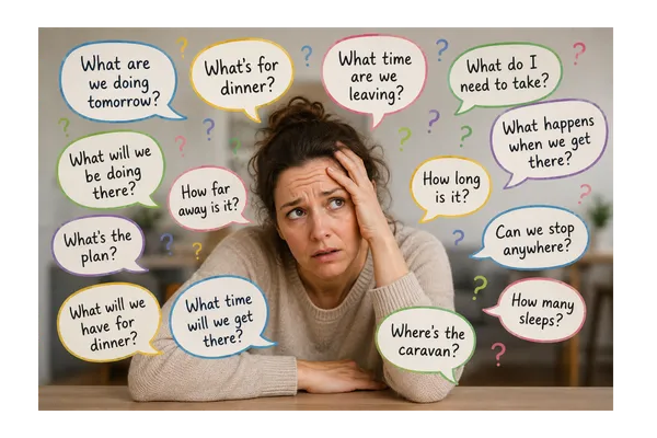 Parent looking overwhelmed as speech bubbles filled with repeated questions surround them, illustrating how children with busy brains often seek constant reassurance and certainty about what will happen next.