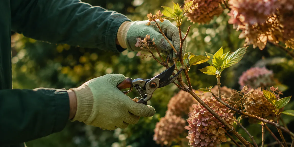 Expert pruning of a mature hydrangea by NPK Garden Services in Bromsgrove