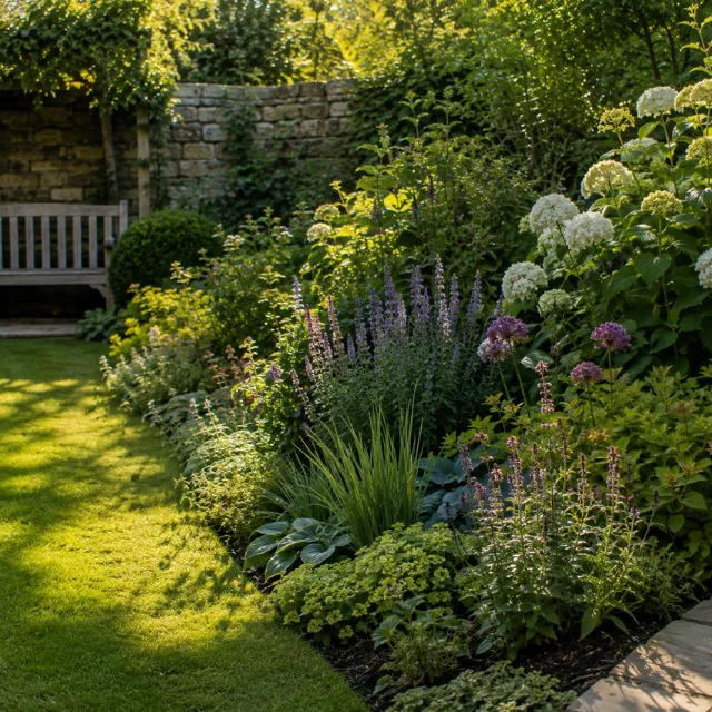 Mature garden with carefully maintained borders, flowering plants and lawn in Bromsgrove