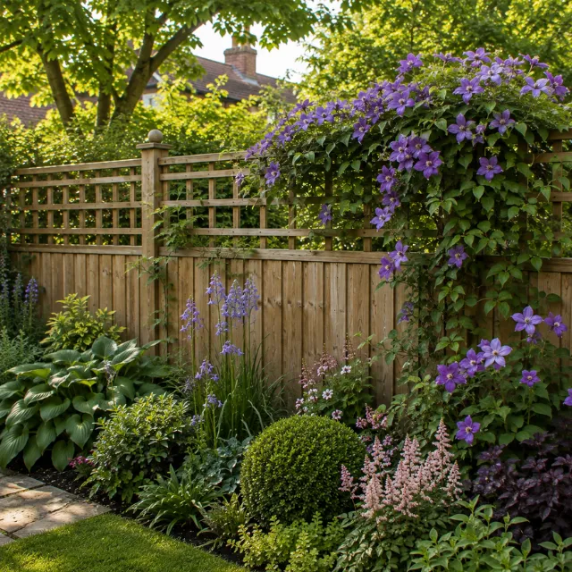 Wooden garden fence with trellis and flowering clematis in a mature Bromsgrove garden
