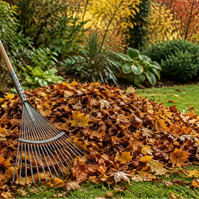 Autumn garden clearance with fallen leaves being raked from a mature garden in Bromsgrove