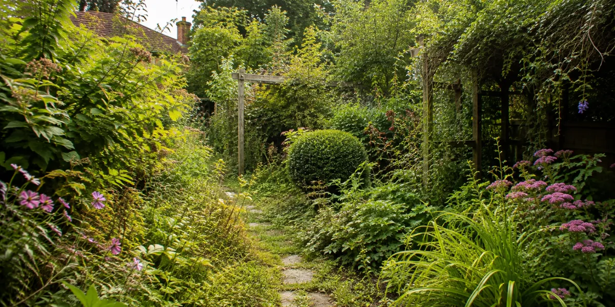 Overgrown established garden with mature shrubs and planting ready for garden clearance in Bromsgrove