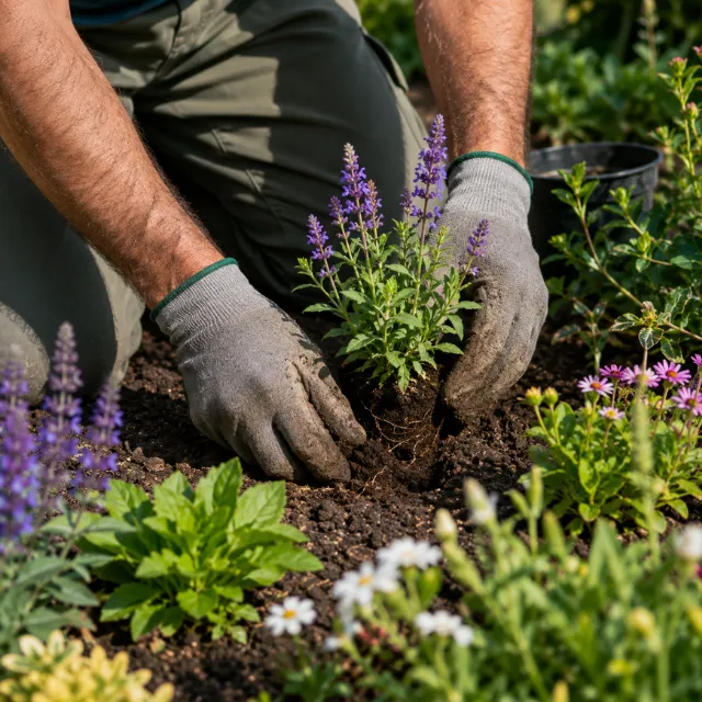 Gardener planting flowering perennials in an established garden in Bromsgrove