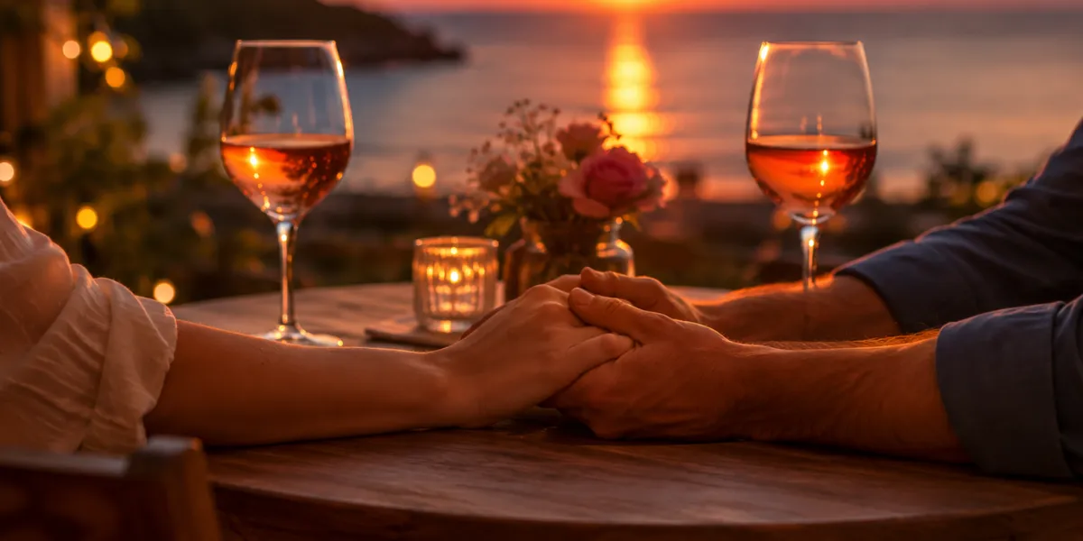 Two people holding hands across a table at sunset with two glasses of wine, representing love and connection after 50.