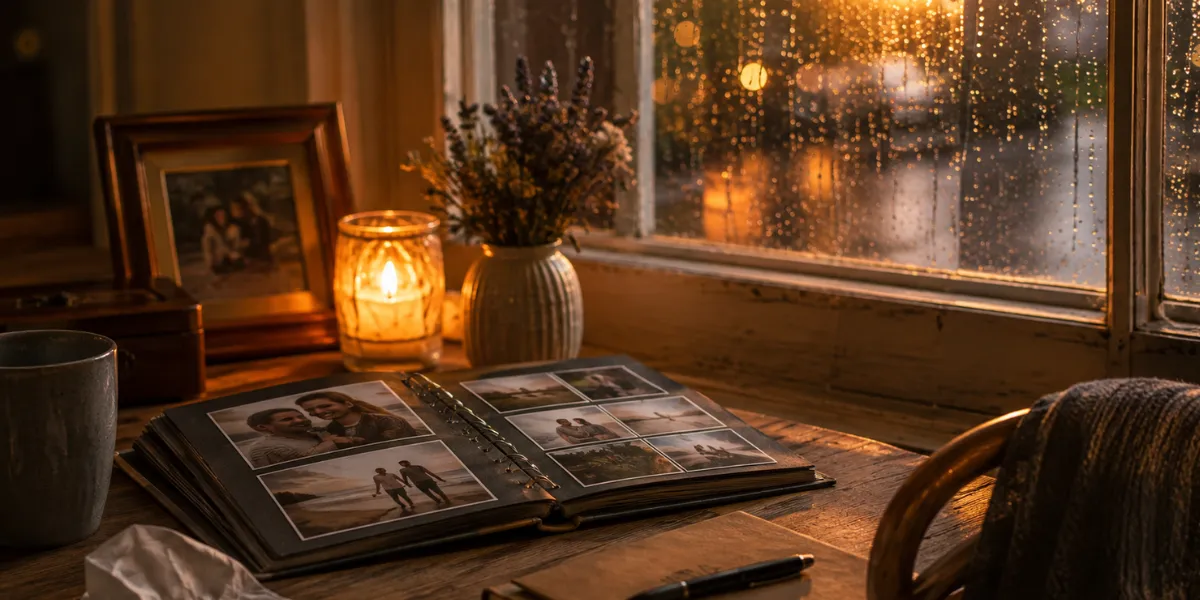 Open photo album filled with happy memories beside a rain-covered window, reflecting on a past relationship after heartbreak.