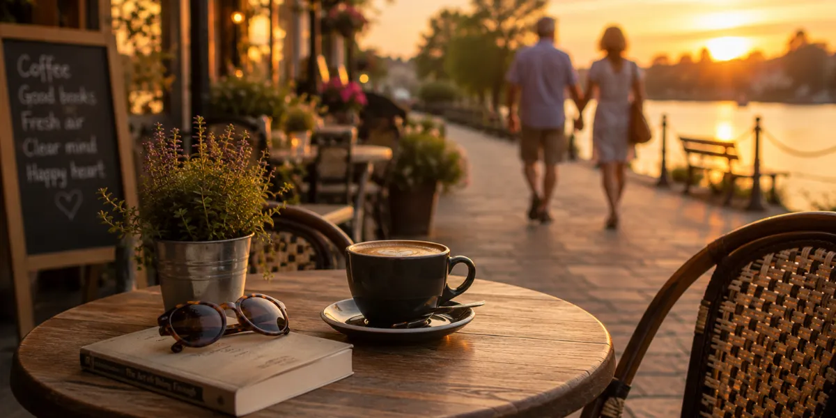 Cup of coffee and a book on a table overlooking a river, with a couple walking in the distance, representing adjusting to single life after 50.
