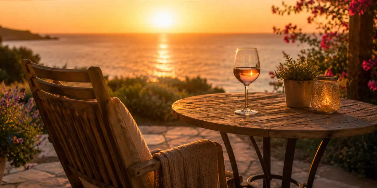 Single chair and table with a glass of wine at sunset, representing enjoying a happy and independent single life after 50.
