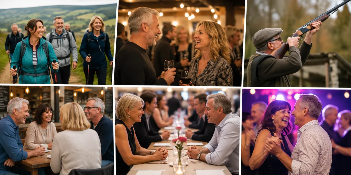 Collage of singles over 50 enjoying social events including walking, clay pigeon shooting, coffee, speed dating and dancing.