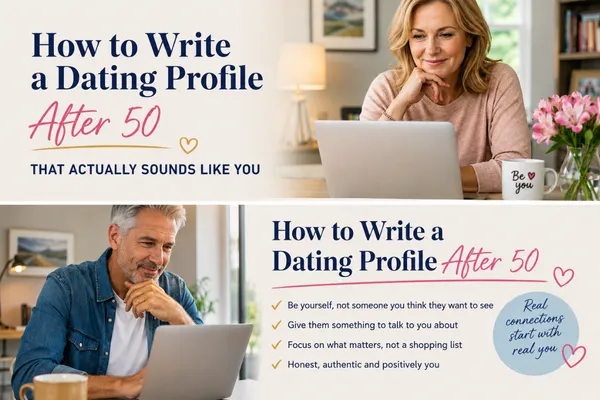 Man and woman over 50 writing online dating profiles, with tips for creating an authentic dating profile.