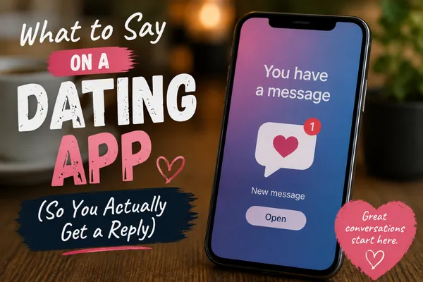 Smartphone showing a new dating app message for an article about what to say on a dating app after 50.