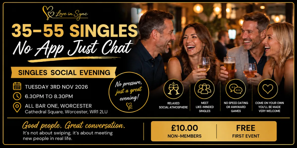 35–55 singles social at All Bar One in Worcester, showing people in their 40s laughing and enjoying drinks together.