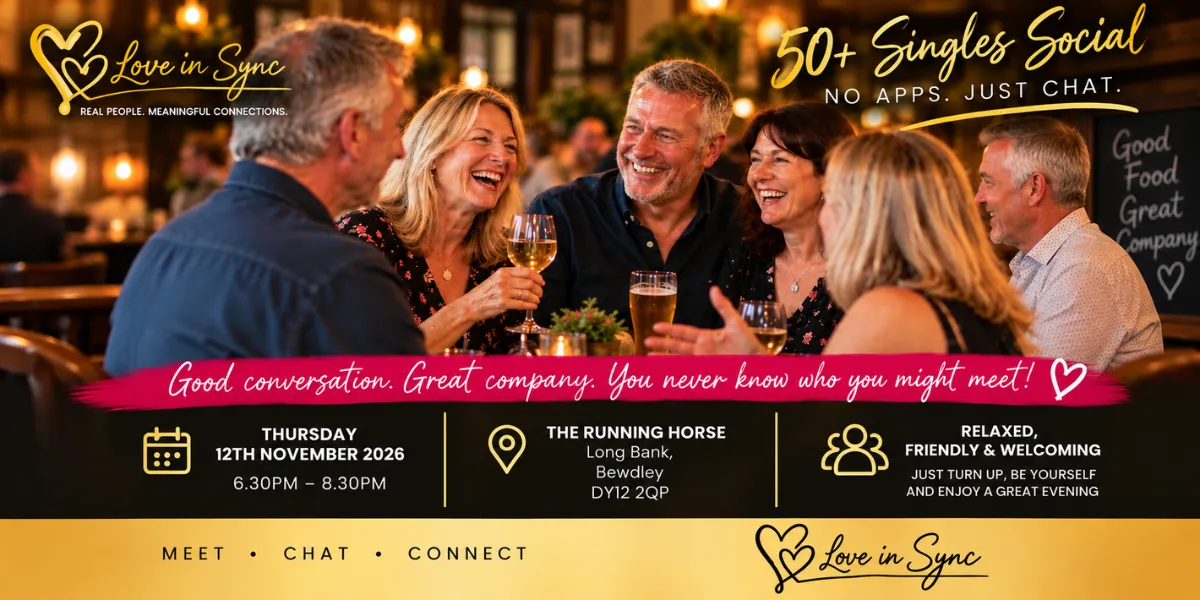 Love In Sync 50+ Singles No App Just Chat social at The Running Horse, Bewdley, on Thursday 12th November 2026, 6.30pm–8.30pm, showing singles over 50 laughing and chatting together.