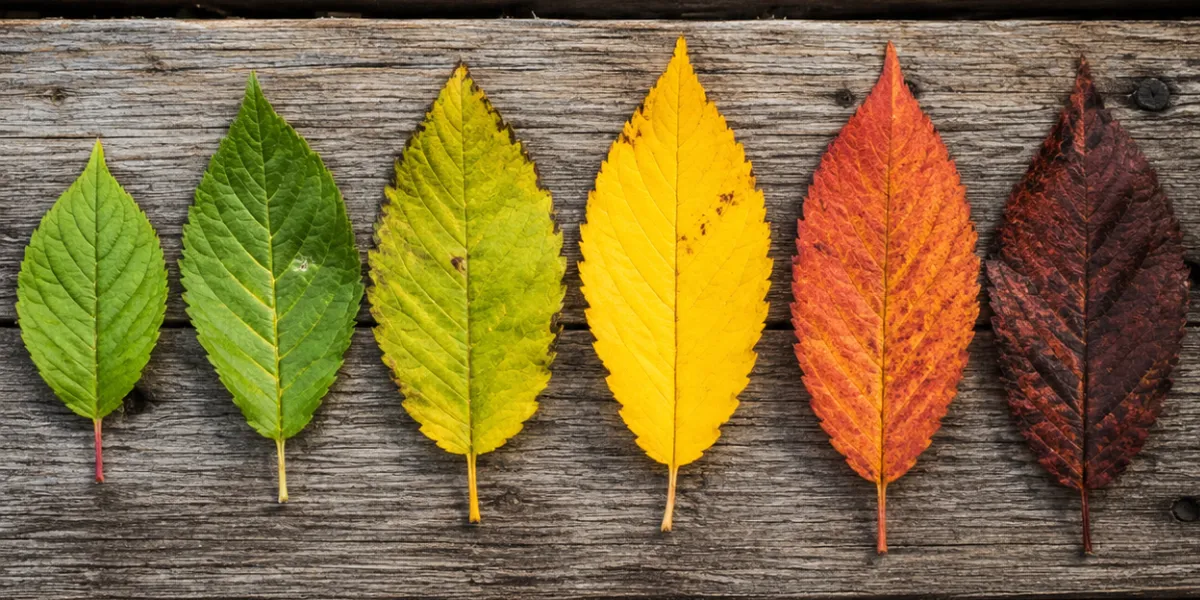 Autumn leaves changing from green to yellow, orange and deep red, showing the seasonal colour changes in a garden.