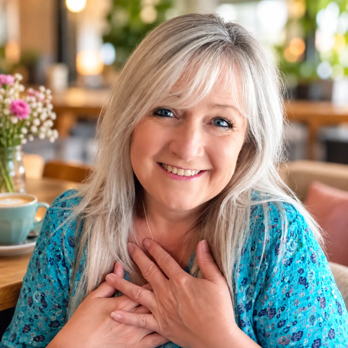 Smiling dating coach Jacquie Eaton in a relaxed café setting for Love After 50.