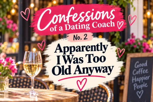 Confessions of a Dating Coach No. 2 – café setting illustrating a funny true story about dating rejection after 50 and being told “I was too old anyway”
