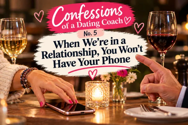 Confessions of a Dating Coach No. 5 – woman reaching for her phone during a restaurant date as a man points towards it.
