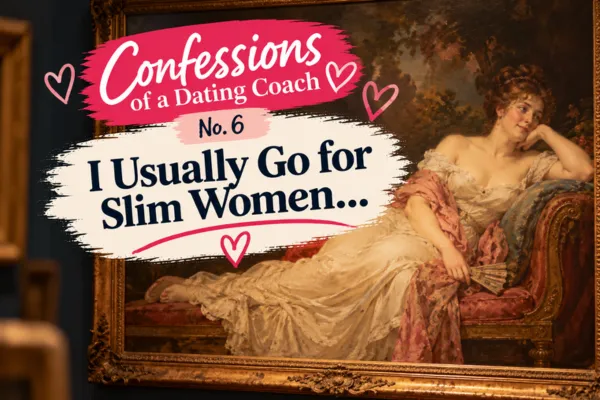 Confessions of a Dating Coach No. 6 – classical oil painting of a curvy woman reclining on a chaise longue, inspired by an awkward dating compliment.
