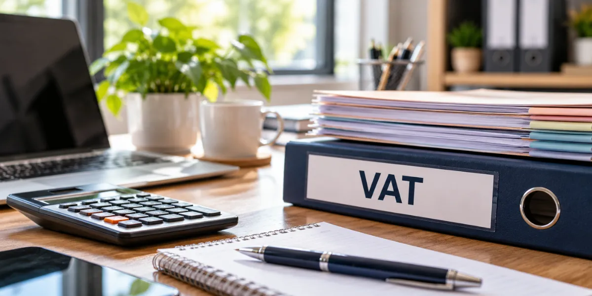 Modern office desk with VAT paperwork, navy VAT folder, calculator, laptop and notebook, representing professional VAT return and bookkeeping services.