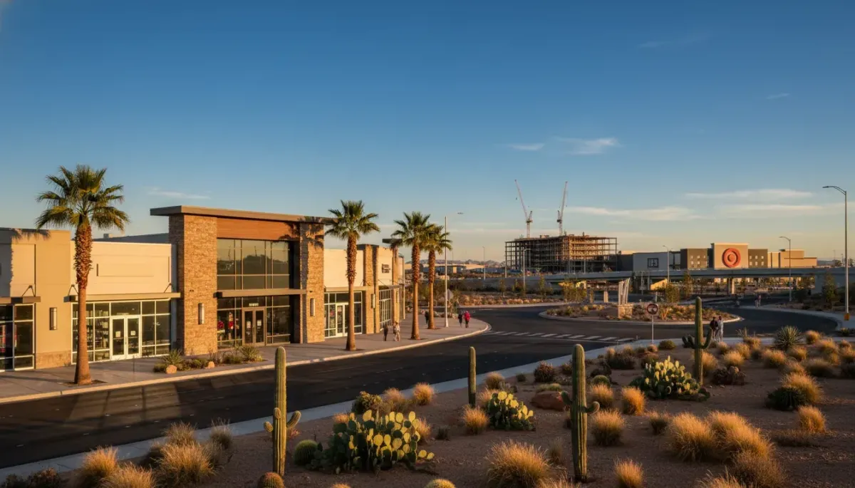 East Side of Exit 8 St. George real estate update featuring shopping center, desert landscaping, and upcoming hospitality construction