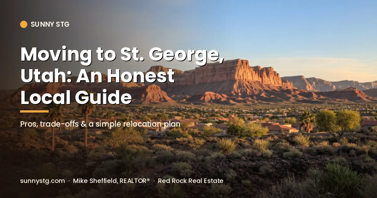 Red rock cliffs at golden hour above a desert town, with the title "Moving to St. George, Utah: An Honest Local Guide"