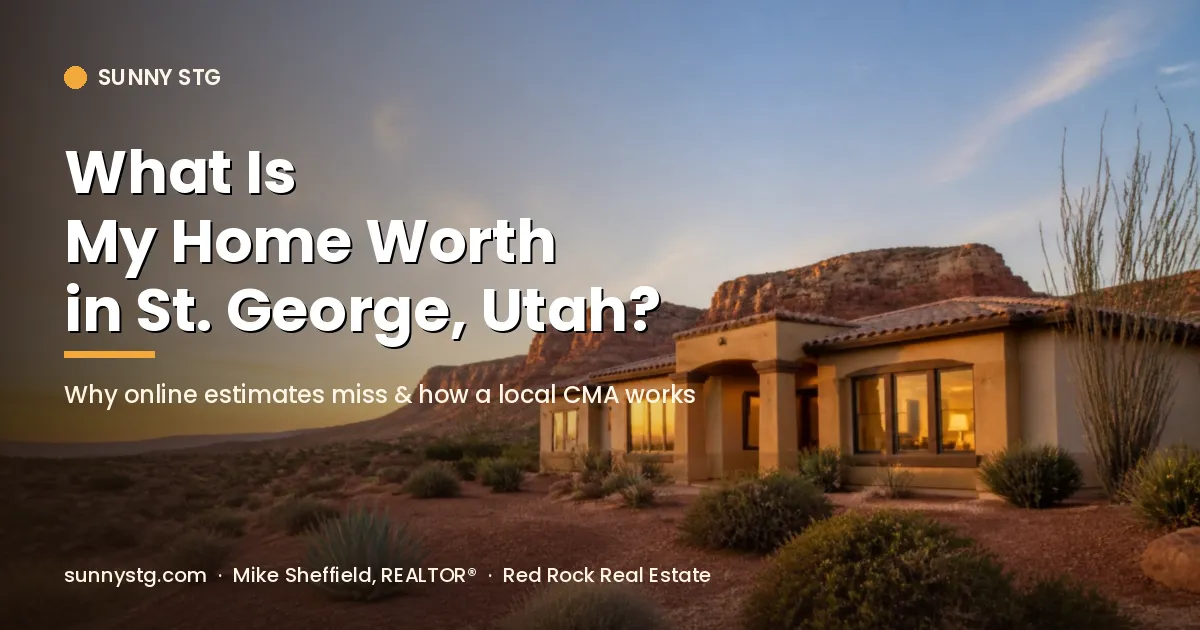 Stucco home with a tile roof and desert landscaping below red rock cliffs at sunset, with a St. George home value title