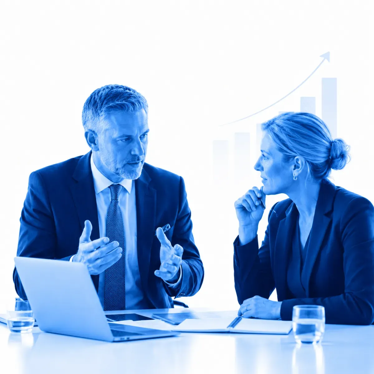 A professional business coach meets with a client to discuss strategy, goals, and opportunities for growth, represented by an upward-trending graph in the background.