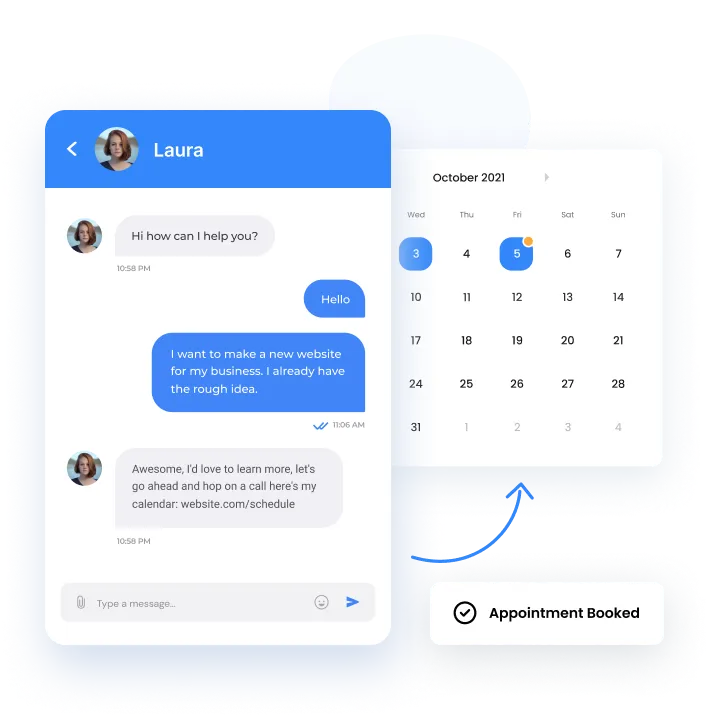 Text message conversation showing an automated chat response helping a website visitor book an appointment. Calendar interface showing available appointment dates with a booked confirmation notification.