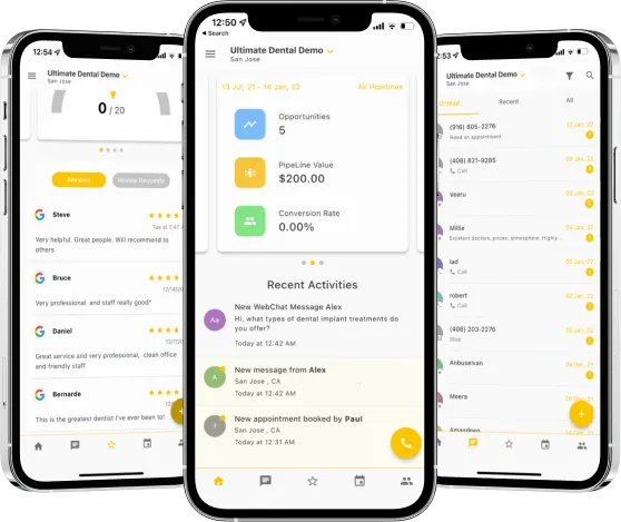 Leaders Engine mobile app screens showing pipeline opportunities, pipeline value, conversion rate, and recent client activity notifications