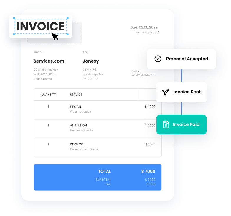 Invoice interface showing service line items, total due, and payment status including proposal accepted, invoice sent, and invoice paid notifications