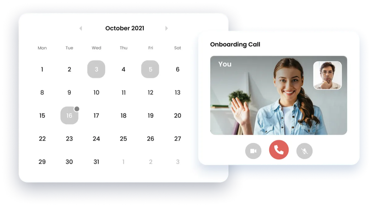 Calendar showing available booking dates alongside a video call interface for an onboarding call