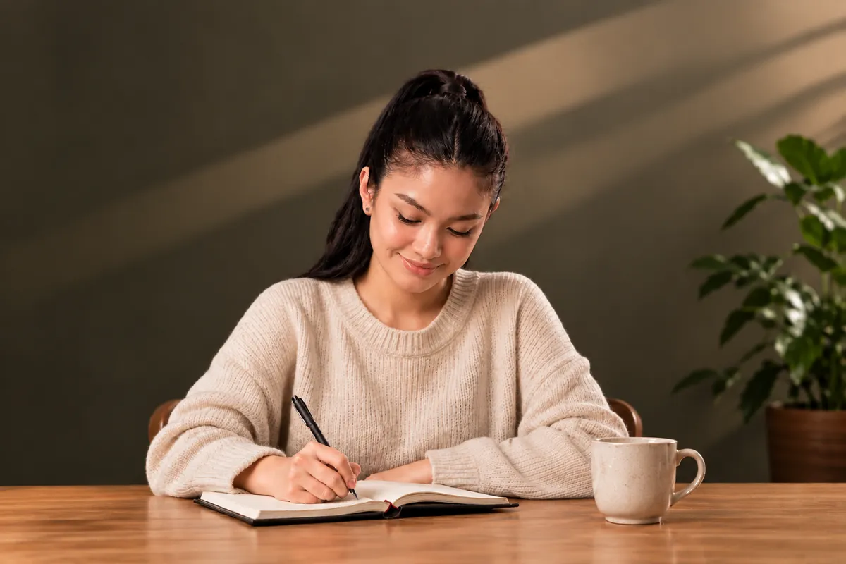 Woman in a casual cream sweater journaling at a wooden table beside a mug.