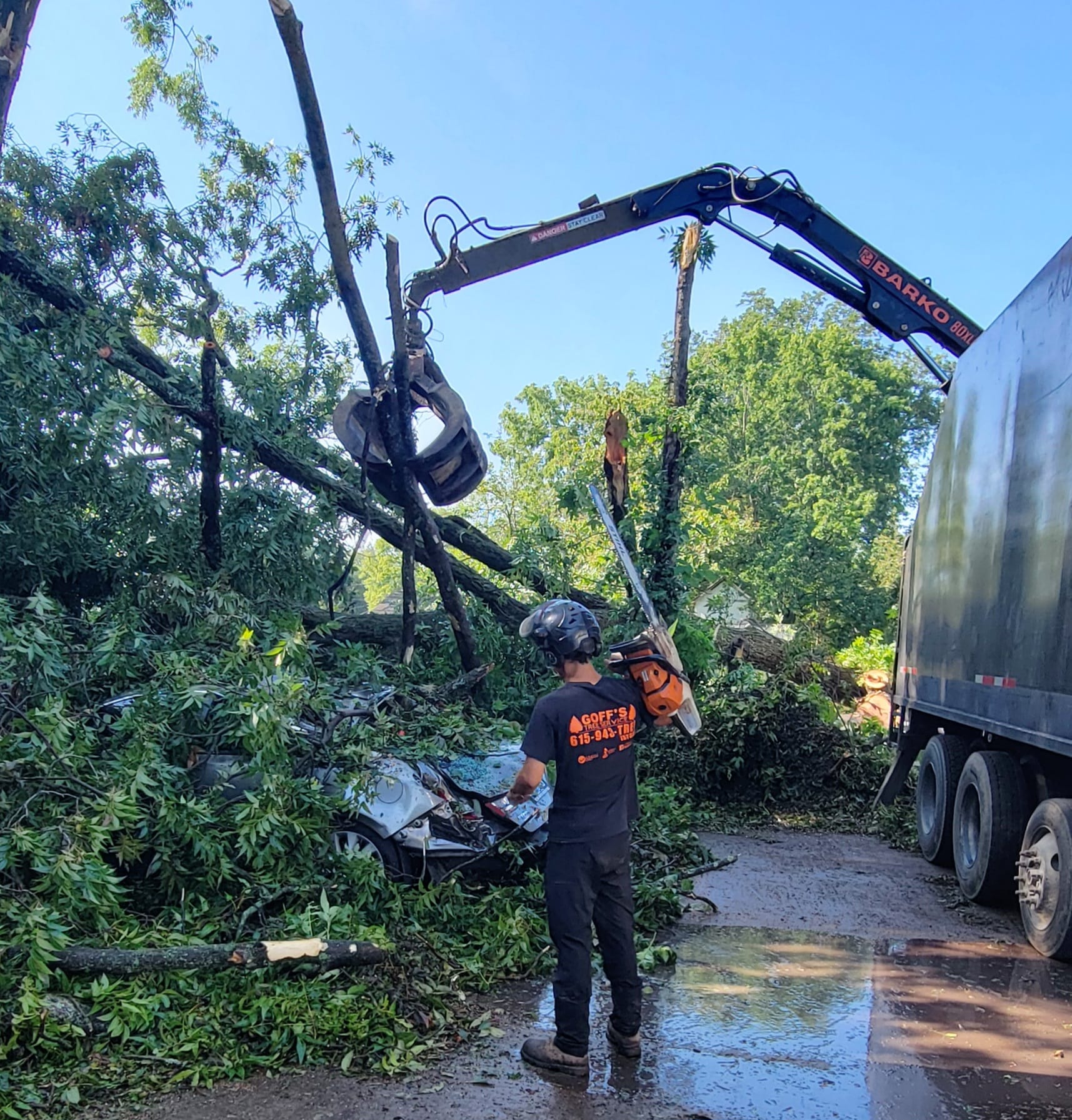 Professional emergency tree removal services clearing dangerous hanging limbs near homes and power lines