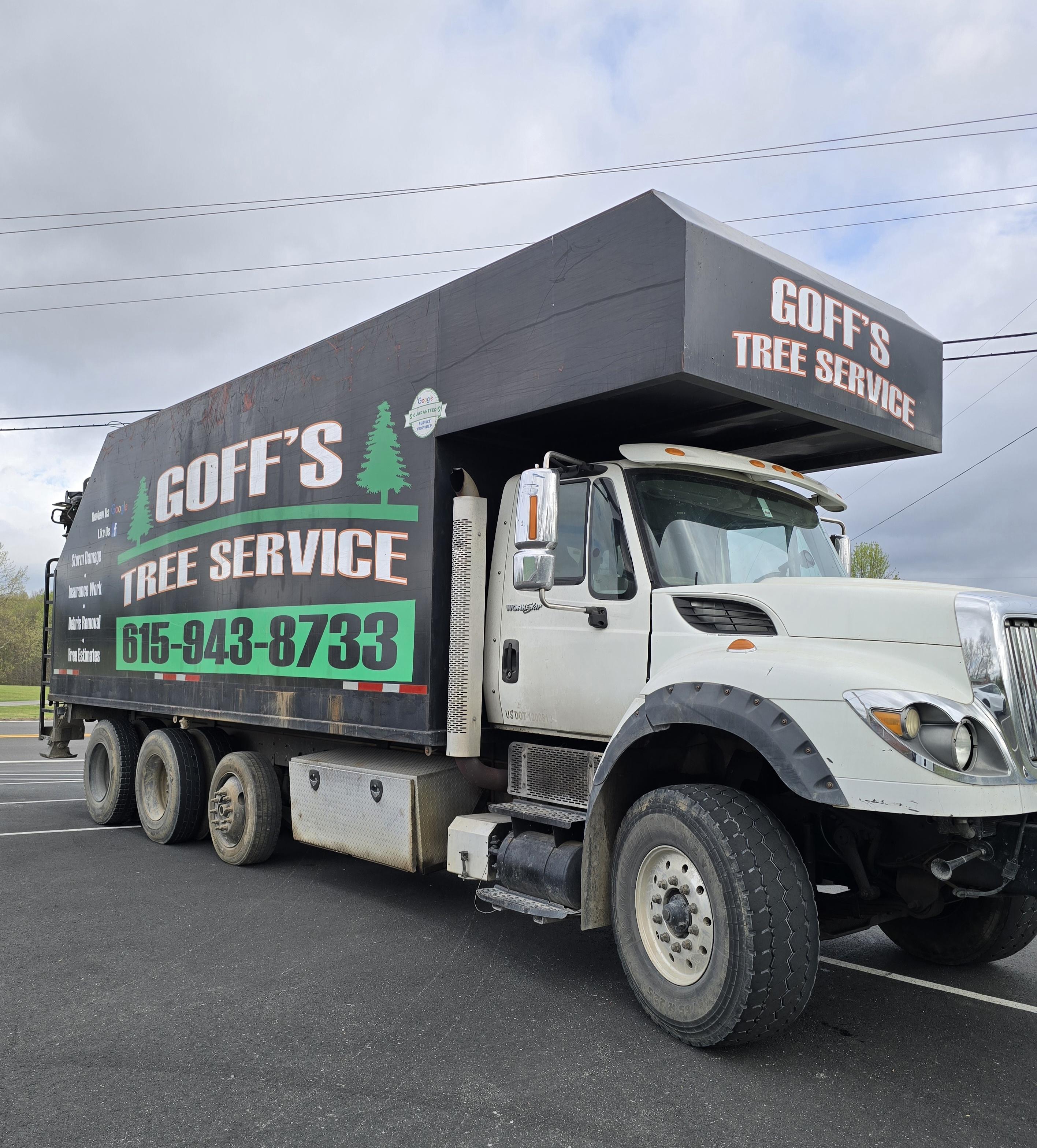 Goff’s Tree Service truck displaying company logo and contact information for professional tree services in Tennessee