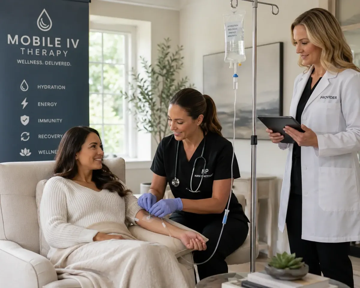 A mobile IV therapy session in a bright, modern home interior where a woman sits in a chair receiving intravenous hydration treatment from a nurse practitioner wearing gloves and scrubs, while a supervising medical provider stands nearby reviewing notes on a tablet and monitoring the IV drip.